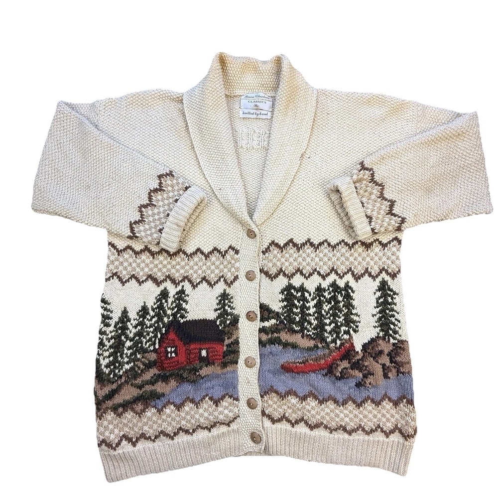 Vtg 90s Marisa Christina Sweater‎ Women's XL Cabincore Canoe Lake Trees Cardigan